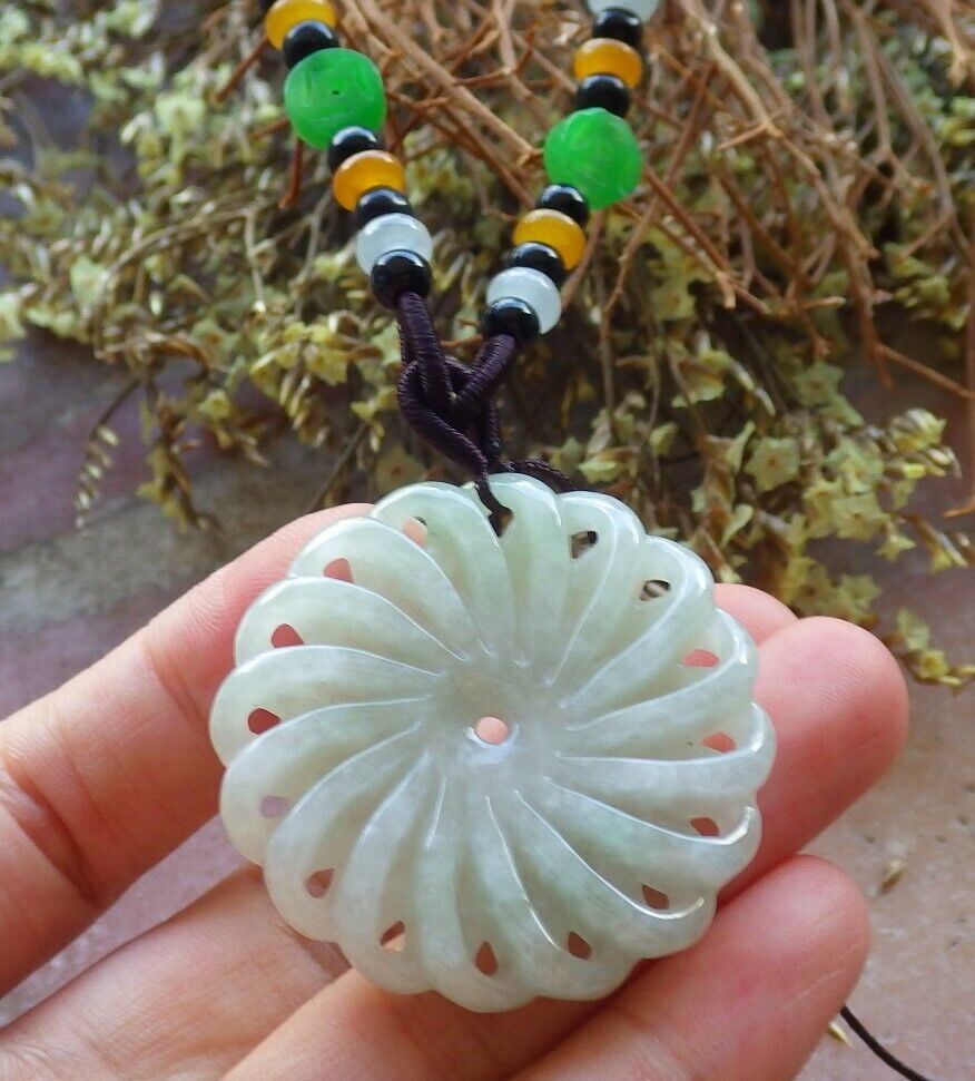 Certified Green 100% Natural A Jade jadeite pendant Knotted Flower Circle Necklace 花开富贵 524091  TN