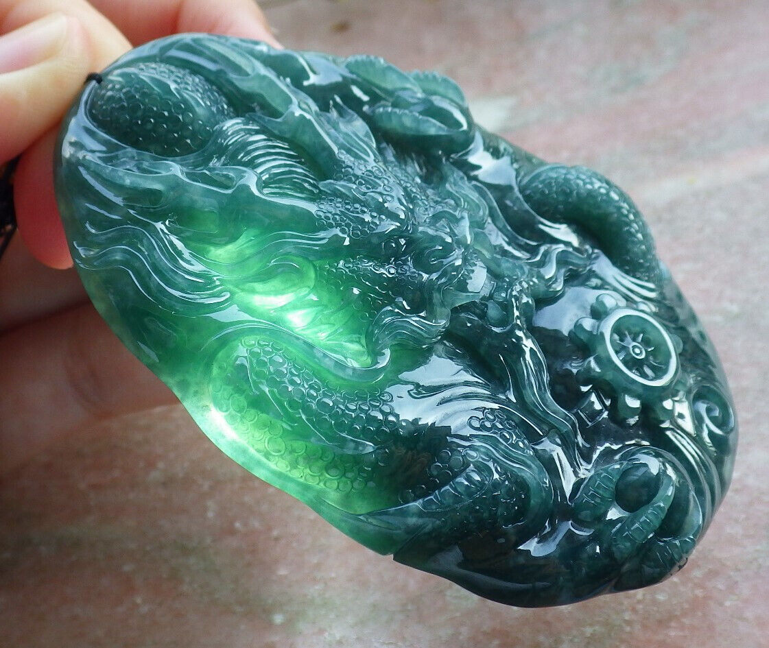 Certified Icy Green Burma 100% Natural A Jade jadeite Pendant Dragon Bead Necklace 生意兴隆 633320  TN