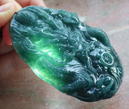 Certified Icy Green Burma 100% Natural A Jade jadeite Pendant Dragon Bead Necklace 生意兴隆 633320  TN