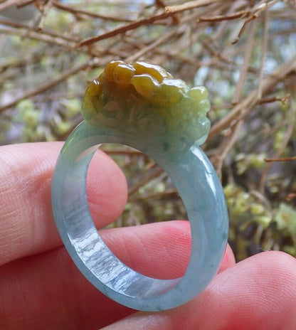 Certified Icy Yellow Green 100% Natural A JADE Jadeite Dragon Pi Xiu RING USA. 9.25 戒指 523823  TN