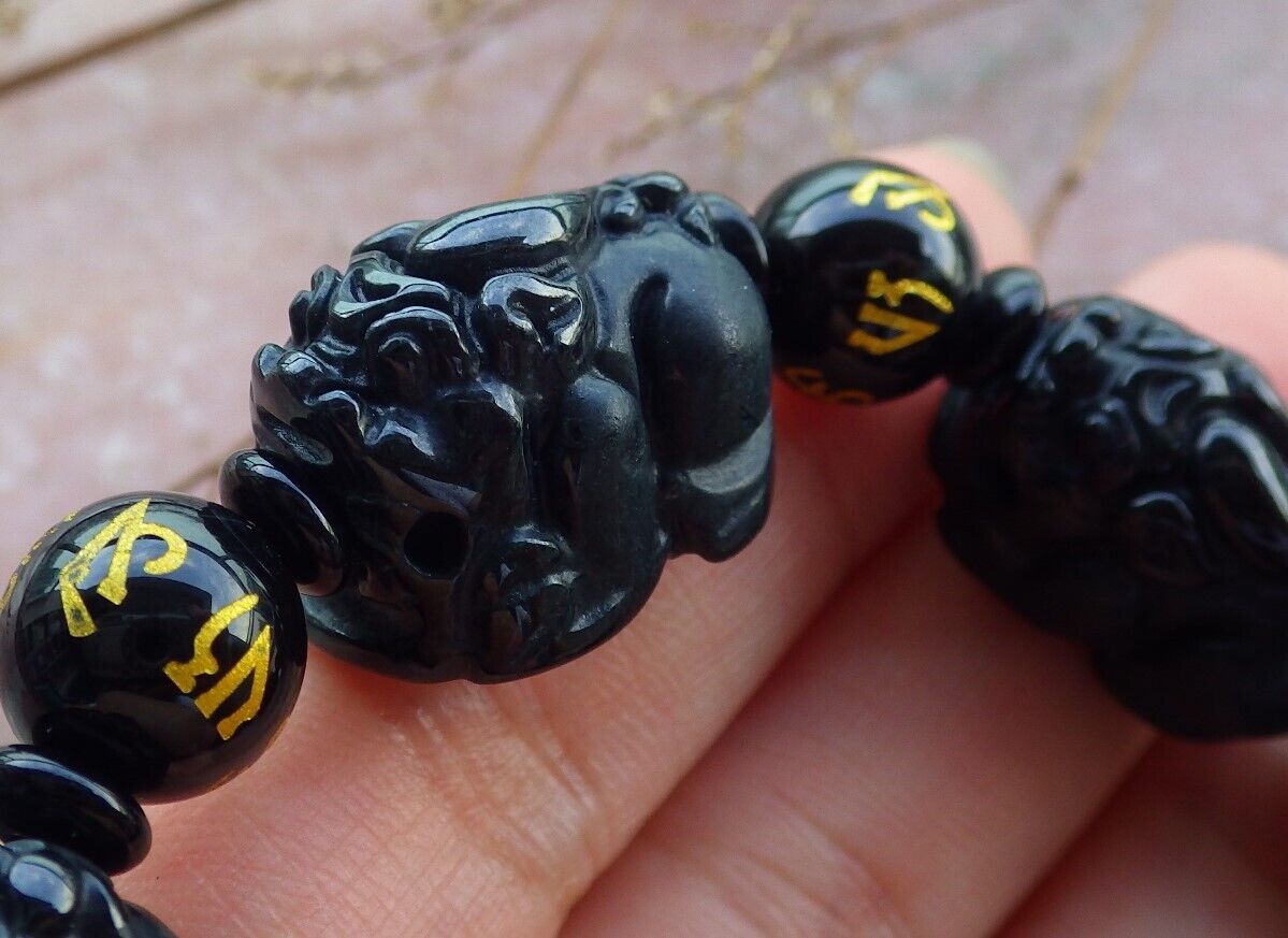 Certified Green Black Burma 100% Natural A JADE Jadeite Bead Beads Bangle Dragon Pi Xiu Coin Bracelet 墨翠风水貔貅手链 565180 TN