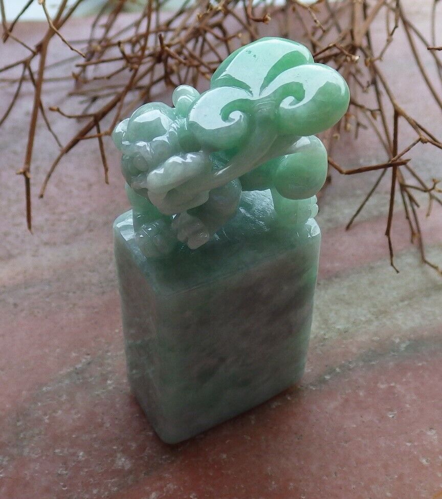 Certified Green 100% Natural A Jade jadeite Display Dragon Pi Xiu Lotus Flower Ruyi Chop Seal 印章 528326  TN