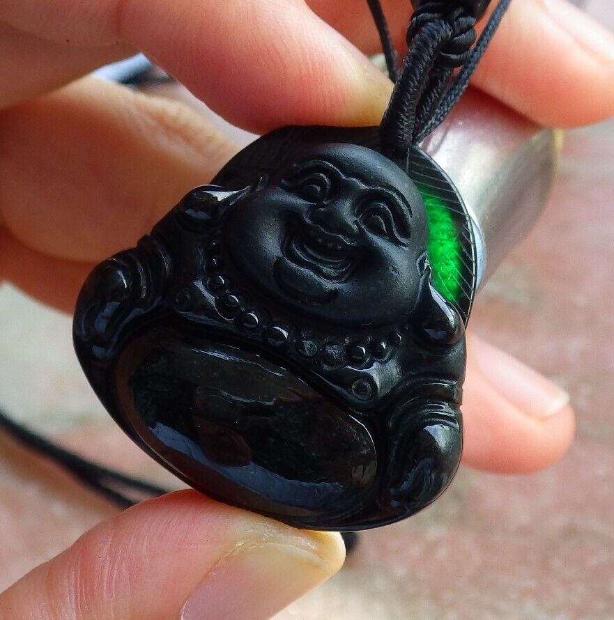 Certified Black Green 100% Natural A Jade jadeite pendant Happy Buddha God Necklace 墨翠 佛公 528926  TN