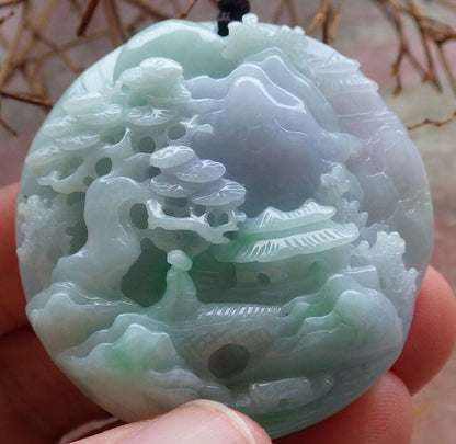 Certified Green Pale Lavender Burma 100% Natural A Jade jadeite Landscape painting Tree Necklace 山水画 528872  TN