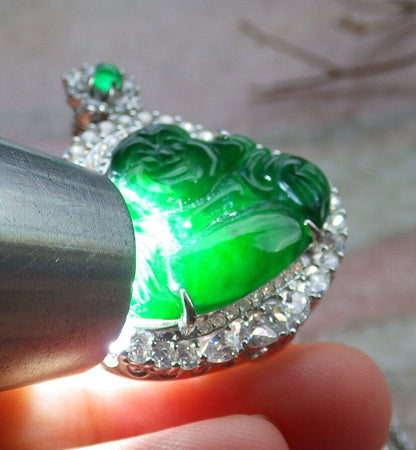 Icy Green Silver 925 Certified Burma 100% Natural A JADE Jadeite pendant Happy Buddha God Necklace 佛公 635249  TN
