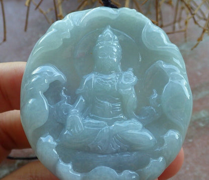 Certified Green Pale Lavender 100% Natural A Jade jadeite pendant Guanyin Kwan Yin Lotus Flower Necklace 观音 523698  TN