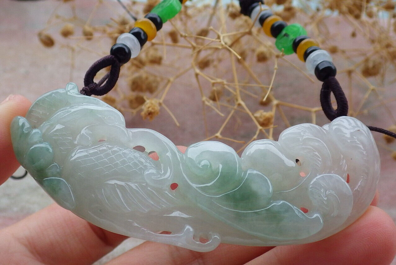 Certified Green Burma 100% Natural A Jade jadeite Pendant Phoenix Lotus Flower Coin Necklace 凤凰 636616  TN