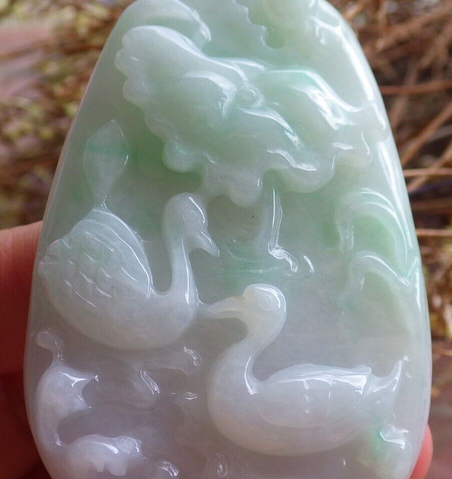 Certified Green 100% Natural A Jade jadeite Pendant Mandarin Duck Phoenix Lotus Leaf Necklace 鸳鸯 524651  TN