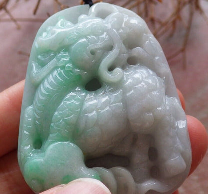 Certified Green 100% Natural A Jade jadeite pendant Dragon Kai Lun Ruyi Coin Necklace 龙 麒麟 525954  TN