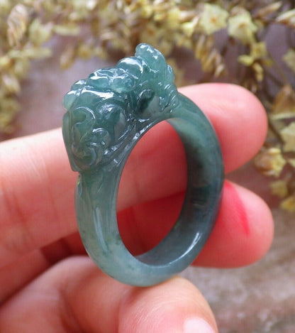 Certified Icy Green 100% Natural A JADE Jadeite Dragon Pi Xiu RING USA. 8.75 戒指 523807  TN