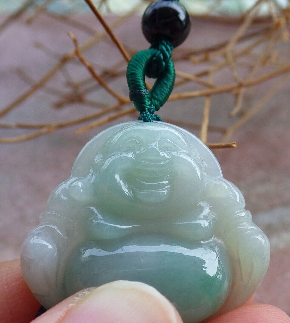 Certified Green 100% Natural A Jade jadeite pendant Happy Buddha God Necklace 开心佛 521028  TN