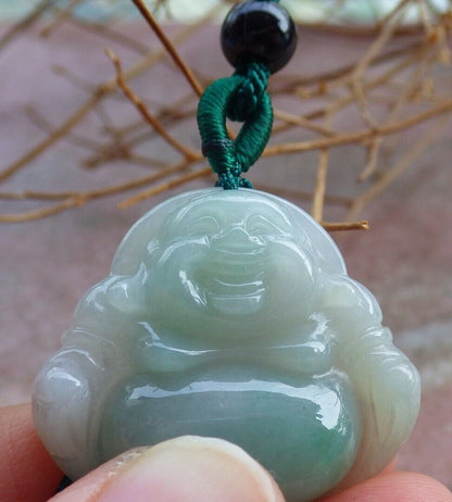 Certified Green 100% Natural A Jade jadeite pendant Happy Buddha God Necklace 开心佛 521028  TN