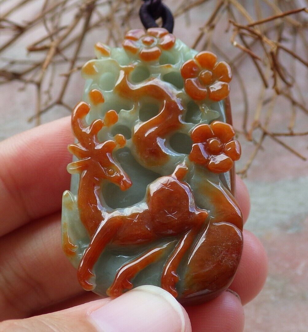 Certified Red Green 100% Natural A Jade jadeite Pendant Deer Flower Necklace 梅花鹿 529589  TN