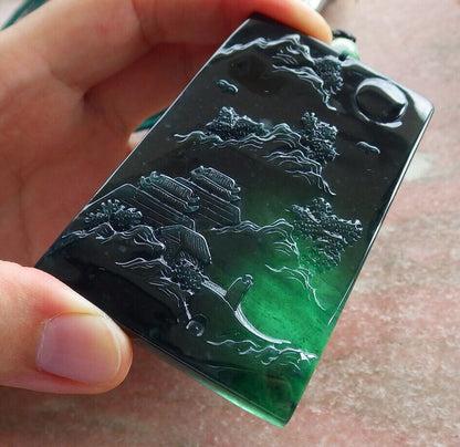 Atestita Glacia Blua Akvo Birmo 100% Natura A Jadejadeito Pendanta Pejzaĝa Pentrado Arba Koliero 山水画 634473 TN