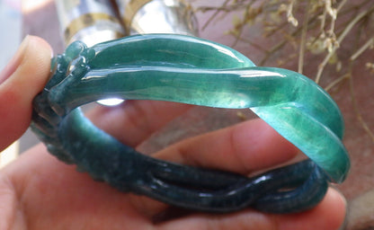 Certified Icy Green Burma 100% Natural A JADE Jadeite Flower Knotted Bangle Bracelet 64 mm 手镯 646718 TN