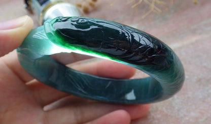 Certified Icy Green Burma 100% Natural A JADE Jadeite Fish Bangle Bracelet 60 mm 手镯 636582  TN
