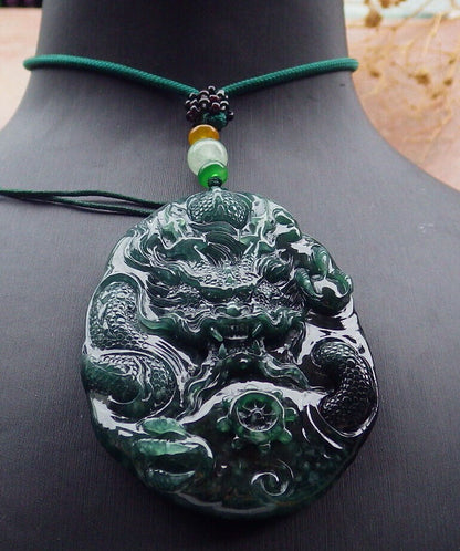 Certified Icy Green Burma 100% Natural A Jade jadeite Pendant Dragon Bead Necklace 生意兴隆 636353  TN