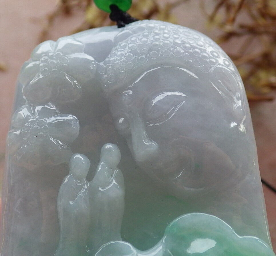 Certified Green Pale Lavender Burma 100% Natural A Jade jadeite pendant Sakyamuni Buddha God Lotus Flower Leaf Necklace 释迦牟尼 633589  TN