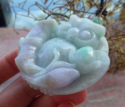 Certified Green Pale Lavender Burma 100% Natural A Jade jadeite Pendant Owl Lotus Flower Necklace 猫头鹰 632920  TN