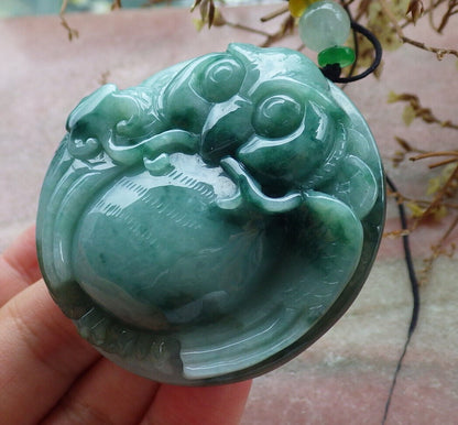 Certified Green Burma 100% Natural A Jade jadeite Pendant Owl Money Coin Ruyi Necklace 猫头鹰 632677  TN