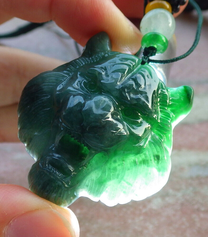 Certified Icy Green Burma 100% Natural A Jade jadeite Pendant Tiger Head Necklace 虎虎生威 634320  TN