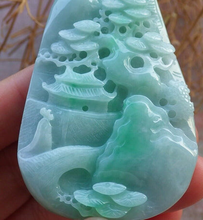 Certified Green 100% Natural A Jade jadeite Landscape painting Tree Necklace Necklace 山水画 519550  TN