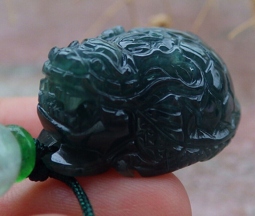 Certified Icy Green Burma 100% Natural A Jade jadeite Pendant Dragon Turtle Money Coin Necklace 龙龟 636559  TN
