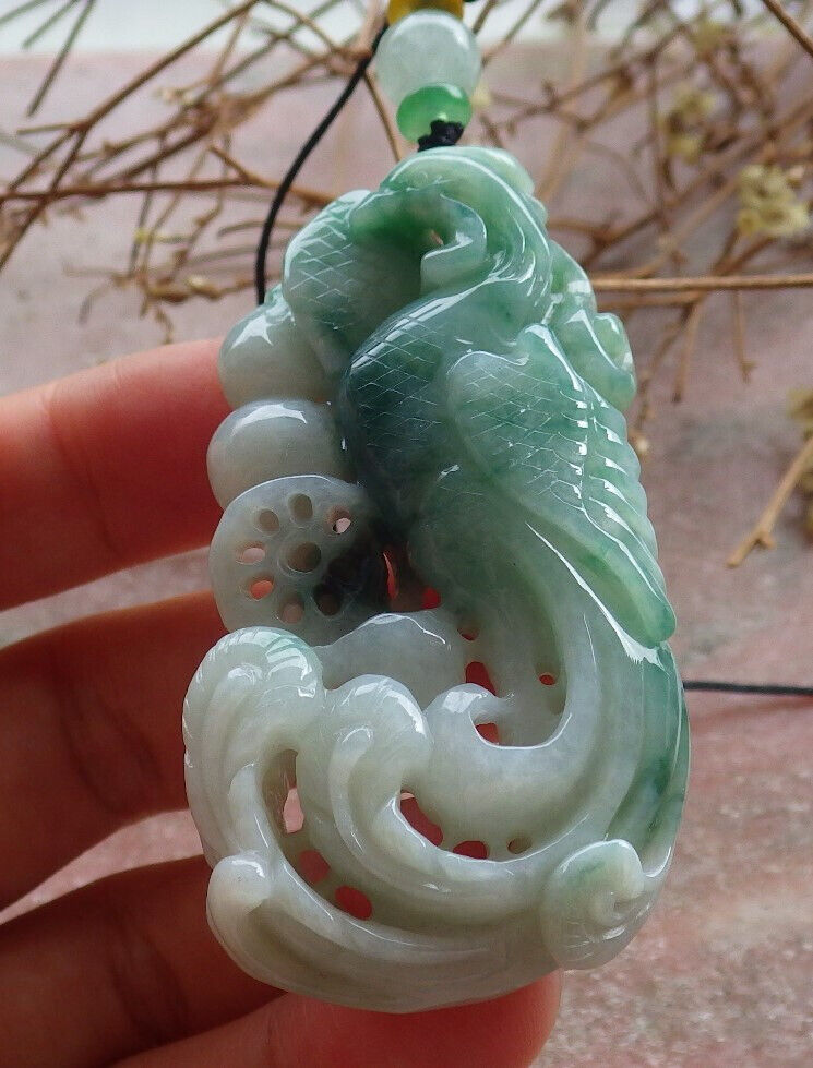 Certified Green Burma 100% Natural A Jade jadeite Pendant Phoenix Ruyi Coin Necklace 凤凰 635433  AS