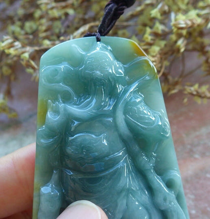 Certified Green Yellow 100% Natural A Jade jadeite pendant Guan Gong God Sword Necklace 关公 529823  TN