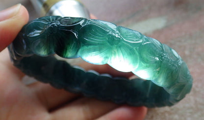 Certified Icy Blue Water Green Burma 100% Natural A JADE Jadeite Flower Bangle Bracelet 62 mm 635320  TN