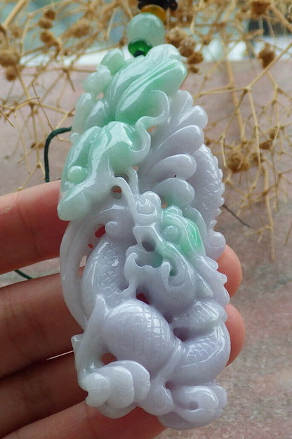 Certified Lavender Green Burma 100% Natural A Jade jadeite Pendant  Dragon Bat Lotus Leaf Necklacde 生意兴隆 636213  TN