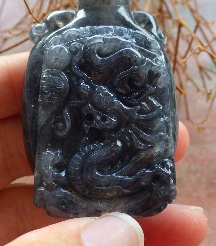 Certified Black 100% Natural A Jade jadeite pendant Display Dragon Bead Snuff Bottle 525869  TN