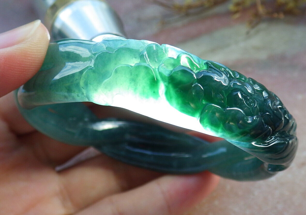 Certified Icy Blue Water Green Burma 100% Natural A JADE Jadeite Flower Knotted Bangle Bracelet 56.5 mm 手镯 632789  TN