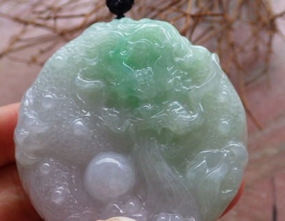 Certified Icy Green 100% Natural A Jade jadeite pendant Dragon Bead Ruyi Necklace 生意兴隆 525919  TN