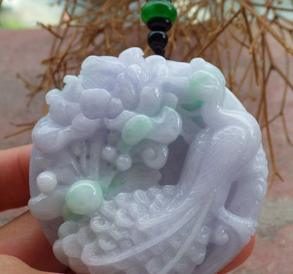 Certified Green Pale Lavender 100% Natural A Jade jadeite Pendant Phoenix Peacock Flower Circle Necklace 孔雀 520800 **TN
