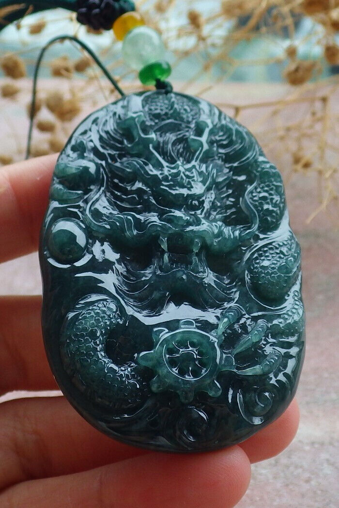 Certified Icy Green Burma 100% Natural A Jade jadeite Pendant Dragon Bead Necklace 生意兴隆 636299  TN
