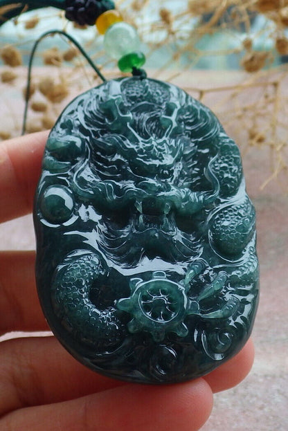 Certified Icy Green Burma 100% Natural A Jade jadeite Pendant Dragon Bead Necklace 生意兴隆 636299  TN