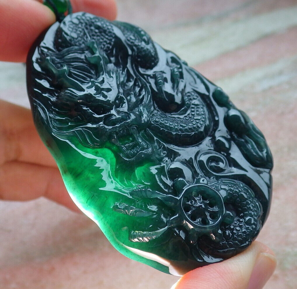 Certified Icy Blue Water Green Burma 100% Natural A Jade jadeite Pendant Dragon Bead Necklace 生意兴隆 636290  TN