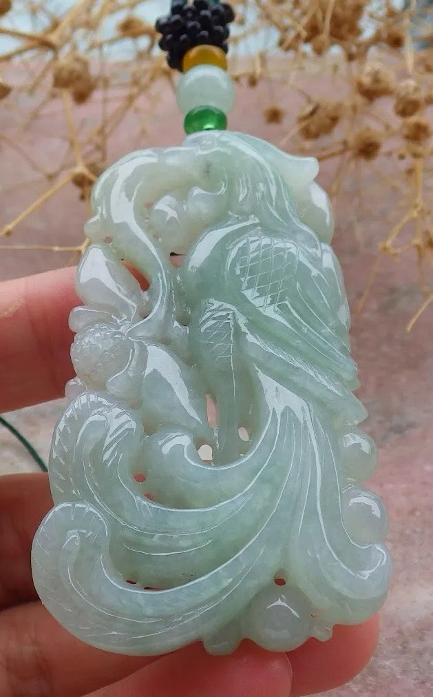 Certified Green Burma 100% Natural A Jade jadeite Pendant Phoenix Lotus Flower Necklace 凤凰 636743  TN