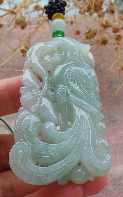 Certified Green Burma 100% Natural A Jade jadeite Pendant Phoenix Lotus Flower Necklace 凤凰 636743  TN