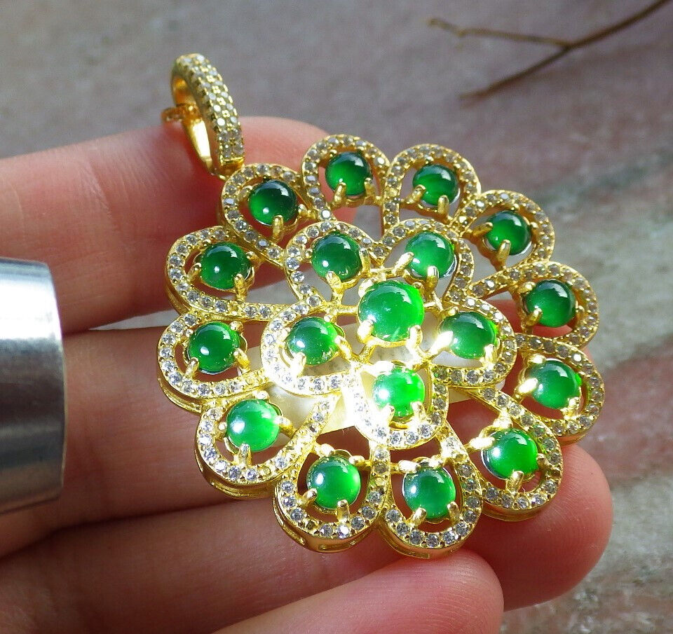 Icy Green Silver 925 Certified Burma 100% Natural A JADE Jadeite pendant Cabochon Flower Necklace 花开富贵 635118  TN