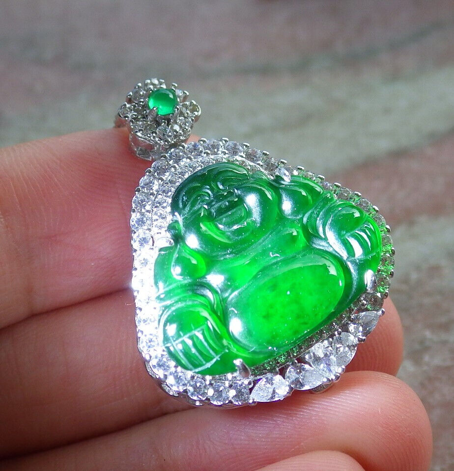 Icy Green Silver 925 Certified Burma 100% Natural A JADE Jadeite pendant Happy Buddha God Necklace 佛公 635107   TN