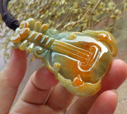 Certified Red Green Burma 100% Natural A Jade jadeite Pendant Bird Ruyi Coin Guitar Necklace 575279 TN