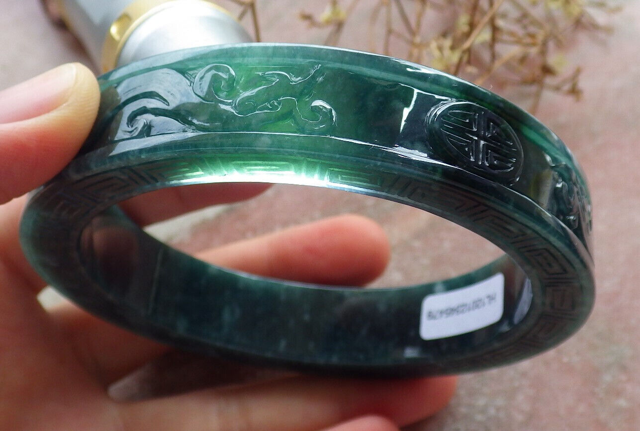 Certified Icy Green Burma 100% Natural A JADE Jadeite Dragon Phoenix Longevity Bangle Bracelet 67 mm 手镯 634443  TN