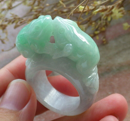 Certified Green Burma 100% Natural A JADE Jadeite Frog Toad Money Coin RING USA. 12.5 戒指 575539 TN