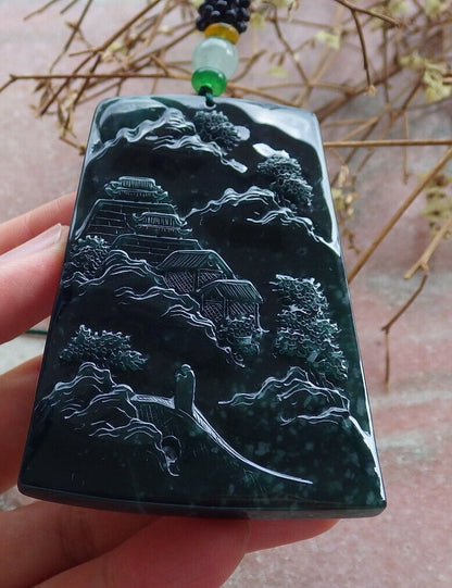 Atestita Glacia Blua Akvo Birmo 100% Natura A Jadejadeito Pendilo Pejzaĝa Pentrado Arba Koliero 山水画 634386 TN