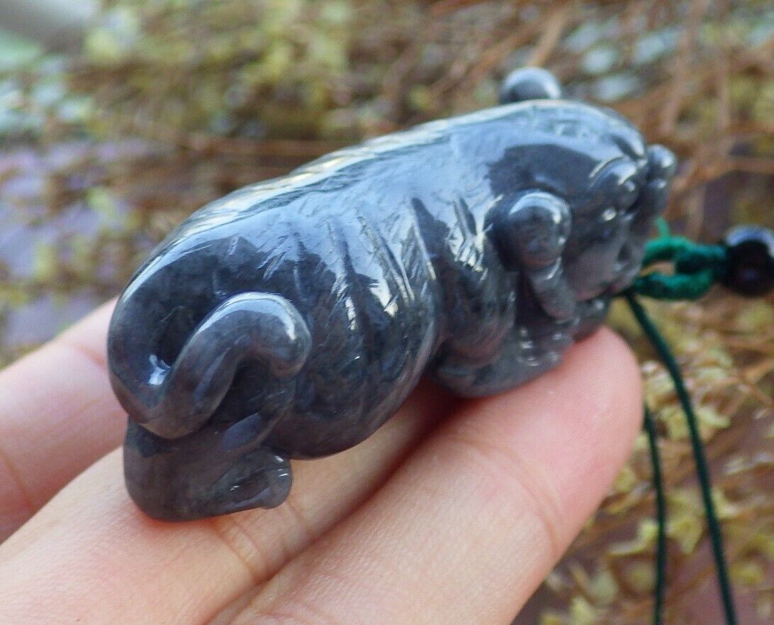 Certified Black 100% Natural A Jade jadeite pendant Tiger Necklace 虎虎生威 525468  TN