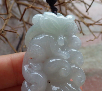 Certified Icy Pale Green 100% Natural A Jade jadeite Pendant Fox Lotus Flower Ruyi Coin Necklace 狐狸 528888  TN