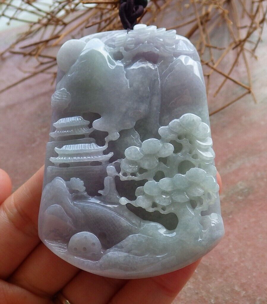 Certified Lavender Green Burma 100% Natural A Jade jadeite Landscape painting Tree Necklace 山水画 525690  TN