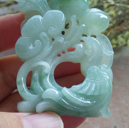 Certified Icy Green Burma 100% Natural A Jade jadeite Pendant Phoenix Peach Lotus Flower Ruyi Necklace 凤凰 574243 TN